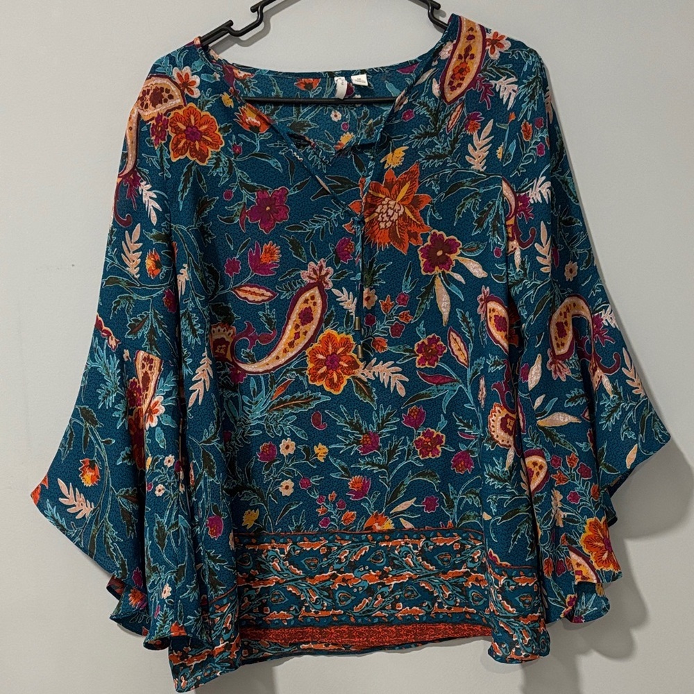 Vibrant Bohemian Floral Women's Blouse Flowy Tunic Bell Sleeves